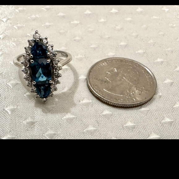 Elongated London Blue Topaz & White Zircon Sterling Silver Ring 💍 💙 Sz 7 - Picture 8 of 13
